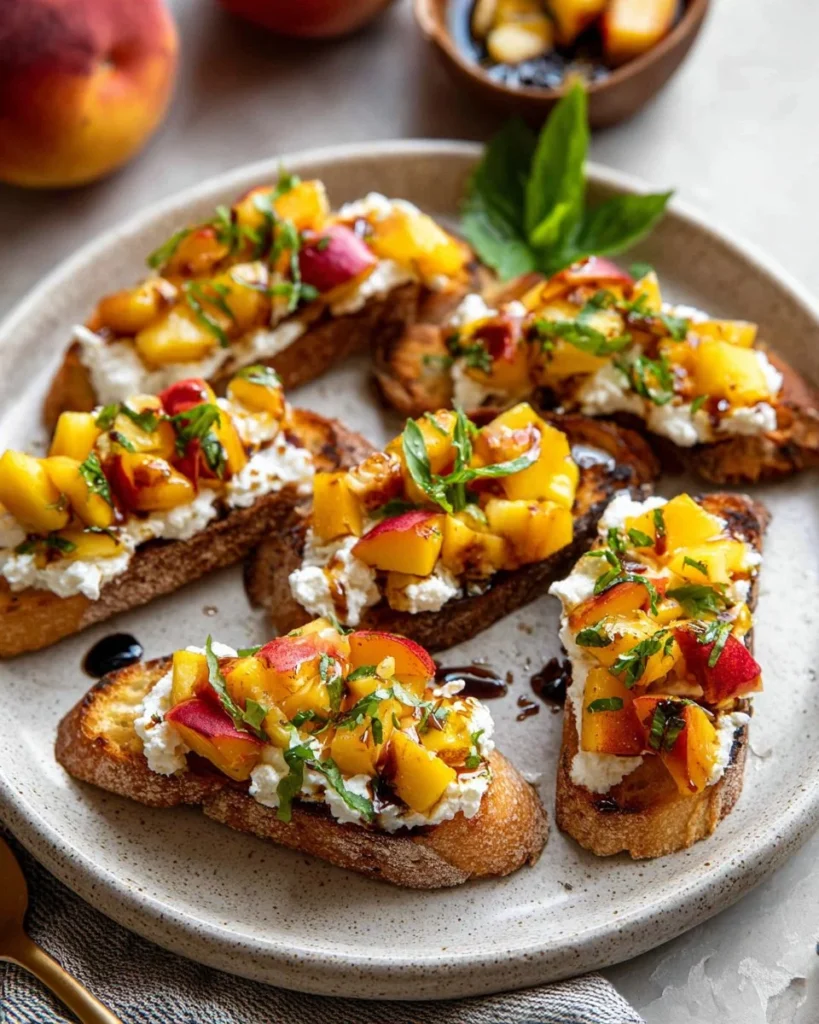 Delicious Peach Corn Ricotta Crostini garnished with fresh herbs