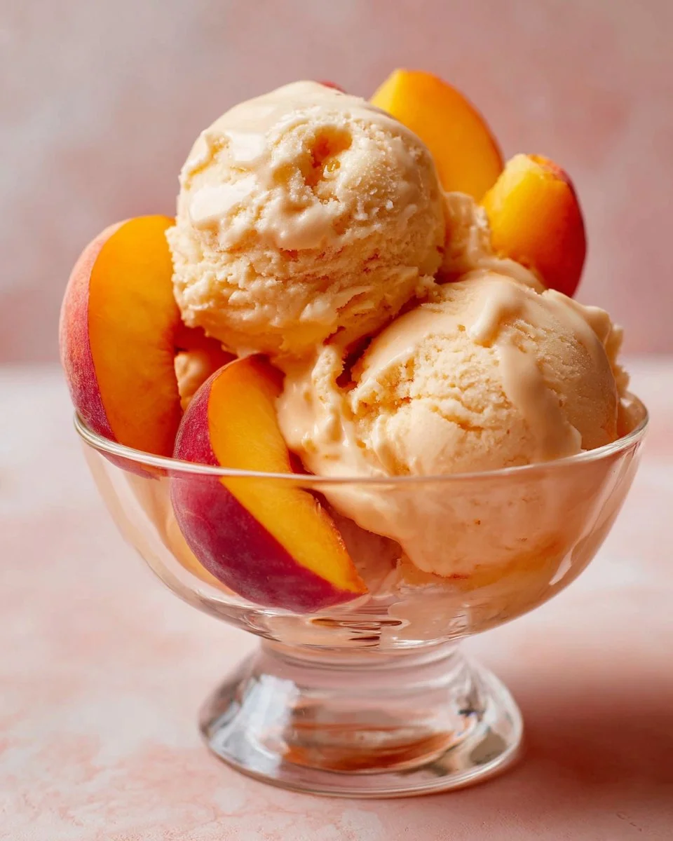 Delicious Peach Greek frozen yogurt served in a bowl with fresh peach slices.