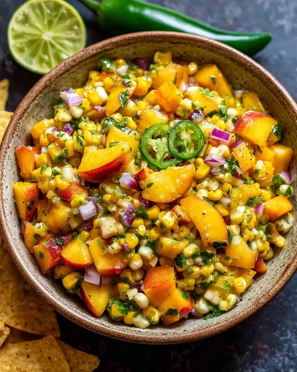 Bowl of Peach Green Chile Corn Salsa with fresh ingredients