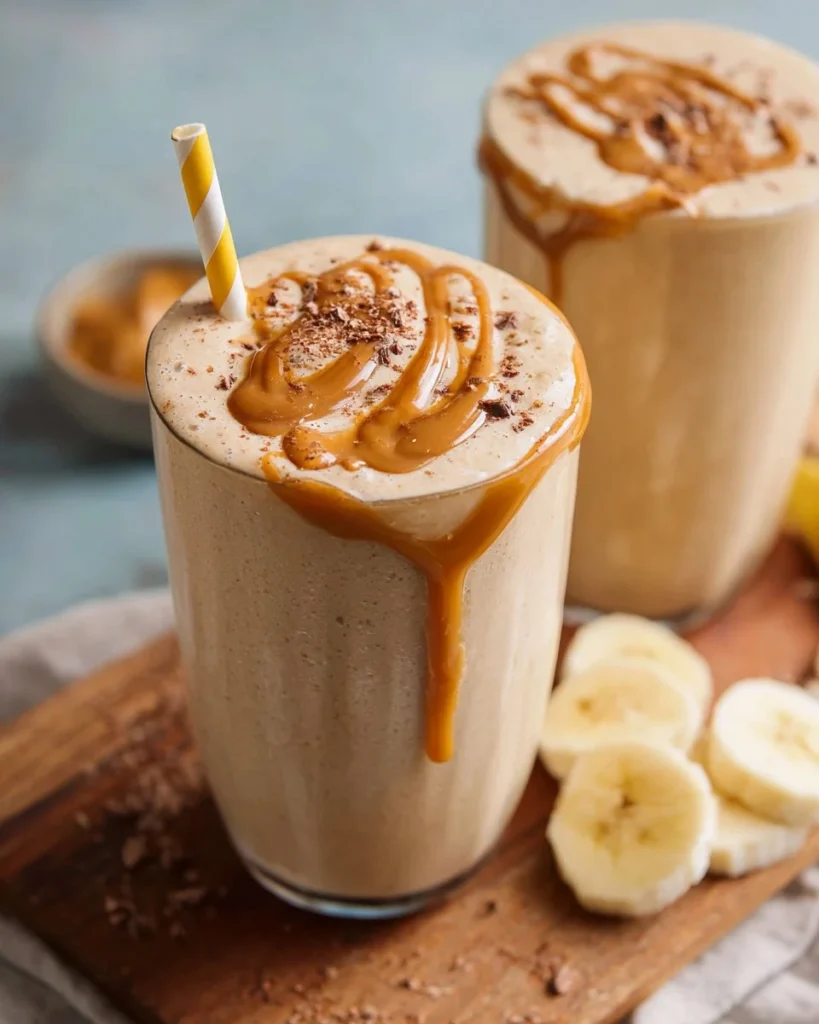 Delicious Peanut Butter Banana Smoothie in a glass with banana slices