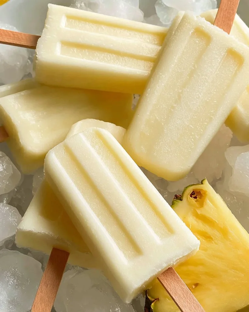 Homemade Pineapple Coconut Popsicles on a wooden table, perfect for summer.