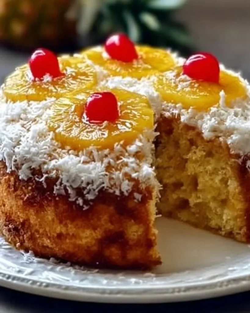 Slice of creamy Pineapple Heaven Cake on a white plate, topped with pineapple slices.