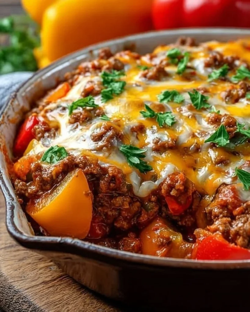 Pioneer Woman Stuffed Pepper Casserole in a baking dish