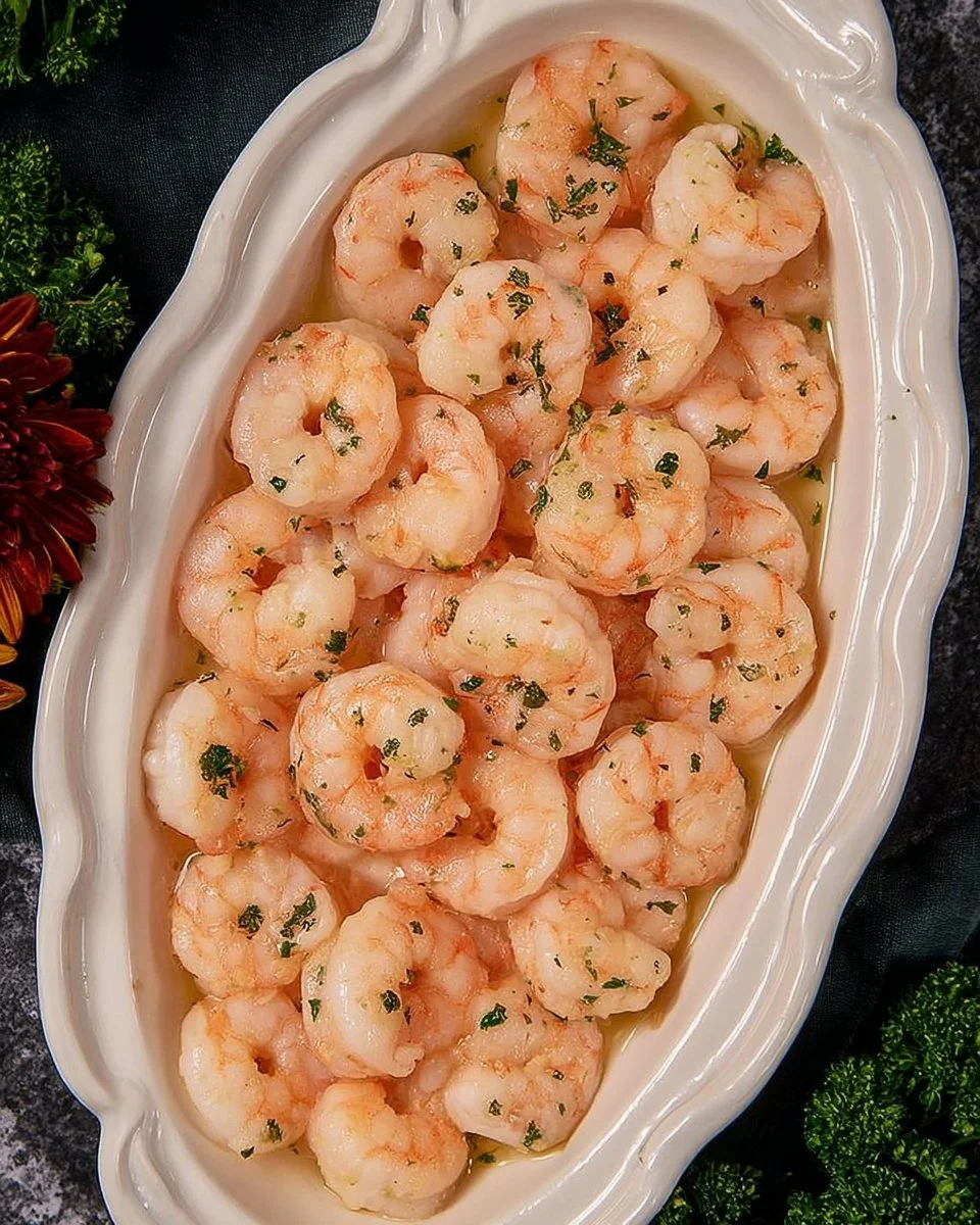 Delicious poached shrimp served with lemon and herbs, perfect for a healthy meal.