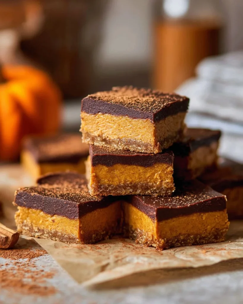 Delicious pumpkin cheesecake bars topped with whipped cream and spices.