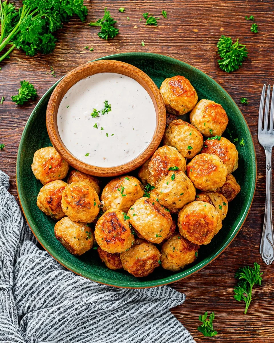 Bowl of homemade Ranch Chicken Meatballs garnished with herbs