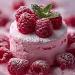 Delicious Raspberry Cloud Mousse dessert in a glass, topped with fresh raspberries.