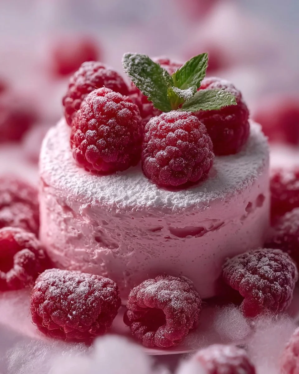 Delicious Raspberry Cloud Mousse dessert in a glass, topped with fresh raspberries.