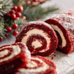 Delicious Red Velvet Cake Roll with cream cheese filling on a platter