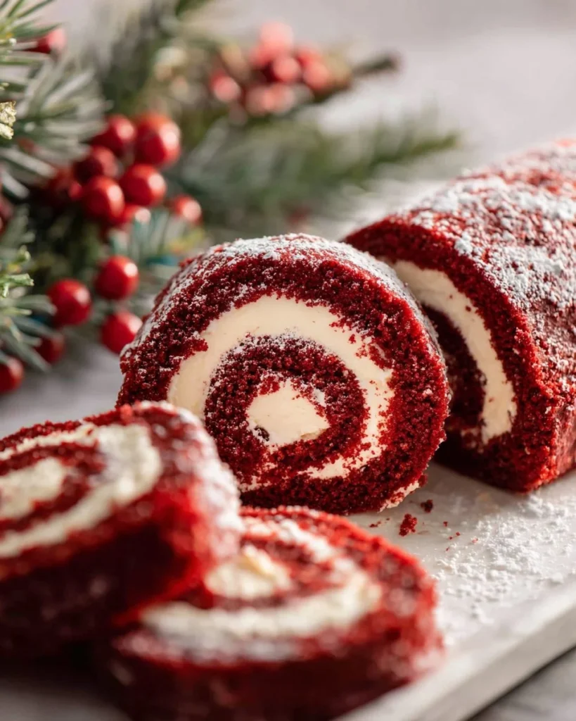 Delicious Red Velvet Cake Roll with cream cheese filling on a platter