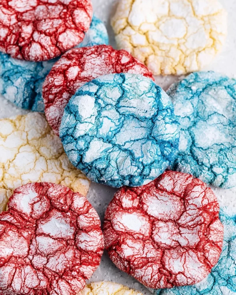 Red White & Blue Cake Mix Crinkle Cookies displayed on a plate