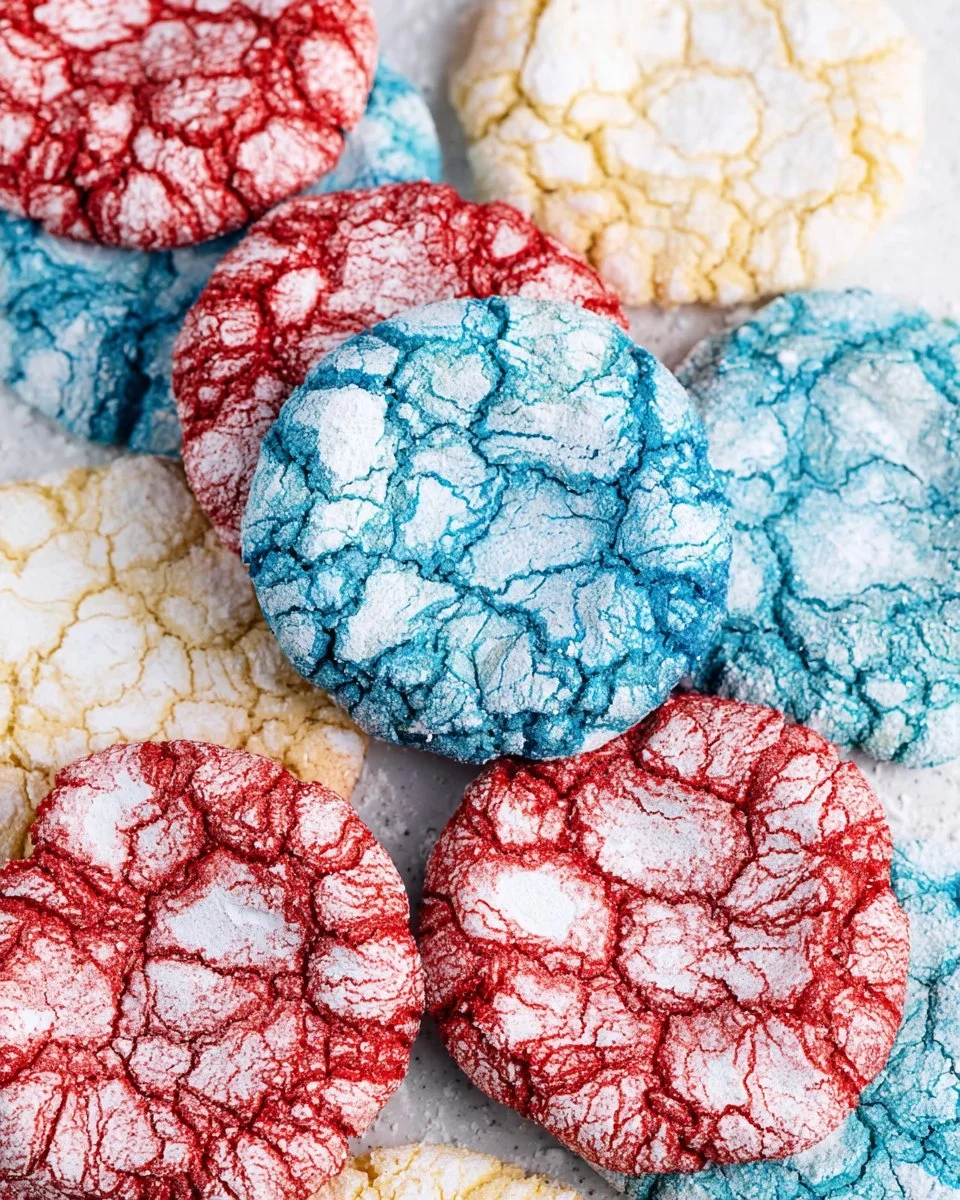 Red White & Blue Cake Mix Crinkle Cookies displayed on a plate