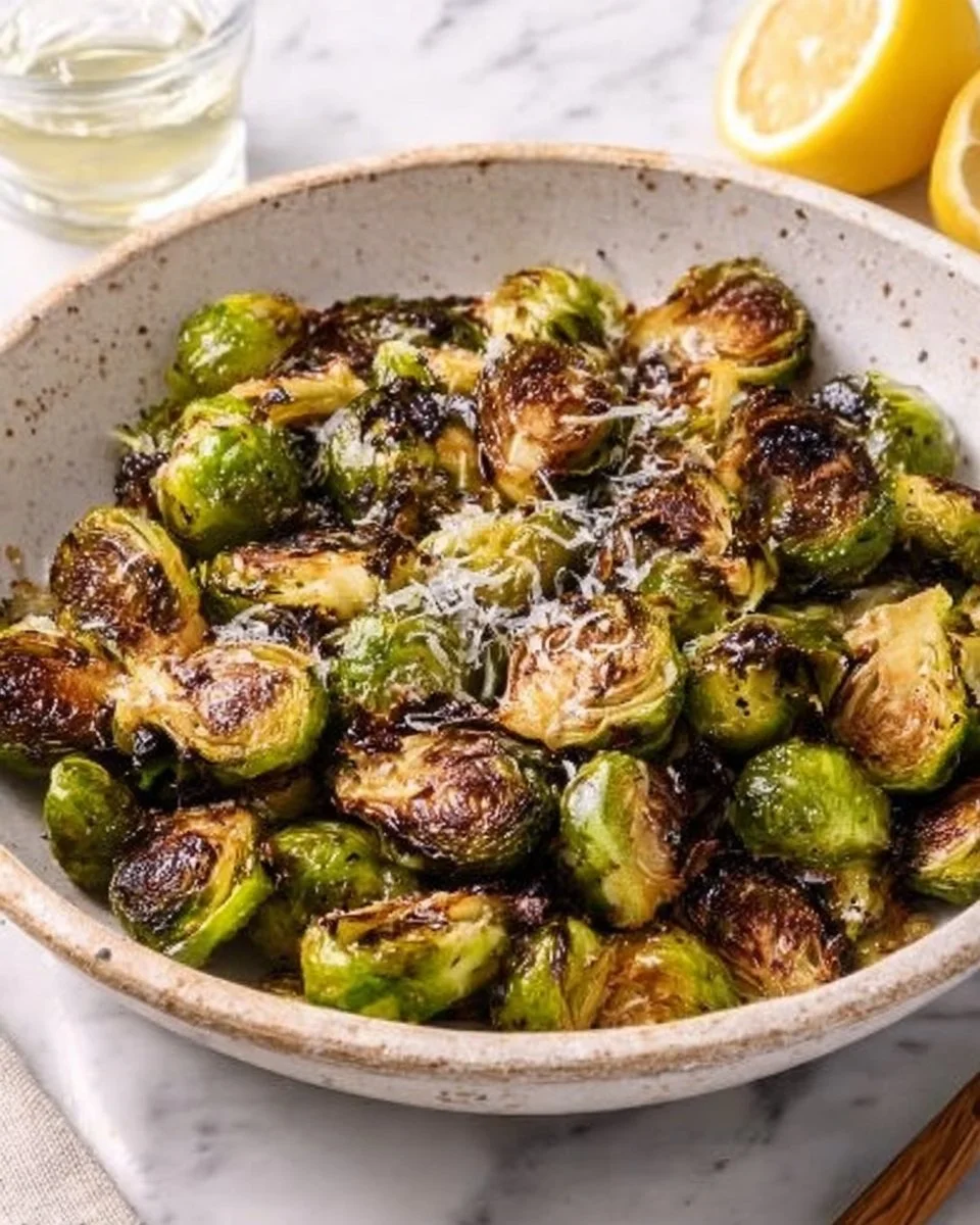 Crispy roasted Brussels sprouts served on a plate