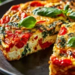 Roasted red pepper and spinach frittata served on a plate