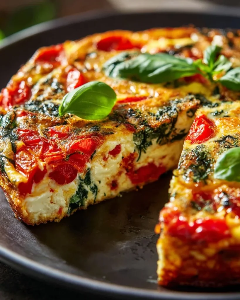 Roasted red pepper and spinach frittata served on a plate