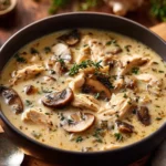 Bowl of rotisserie chicken mushroom soup with fresh herbs and vegetables.