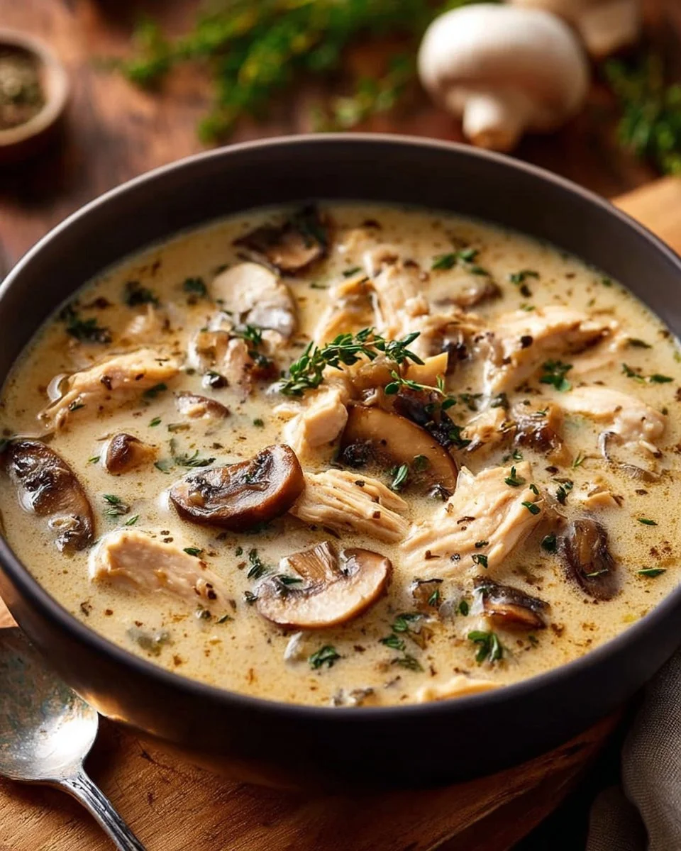 Bowl of rotisserie chicken mushroom soup with fresh herbs and vegetables.