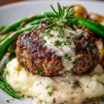 Salisbury steak served with horseradish parmesan sauce on a plate