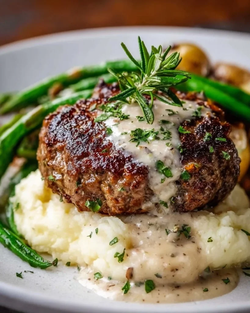 Salisbury steak served with horseradish parmesan sauce on a plate