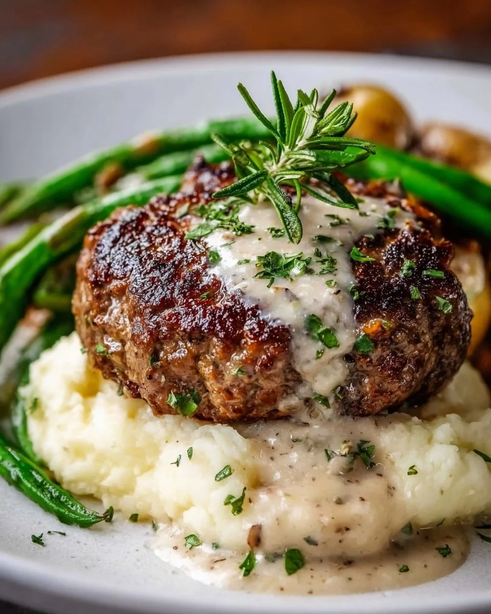 Salisbury steak served with horseradish parmesan sauce on a plate