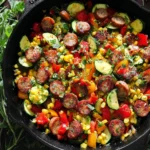Sausage and Veggies Skillet with colorful vegetables and sausages in a pan