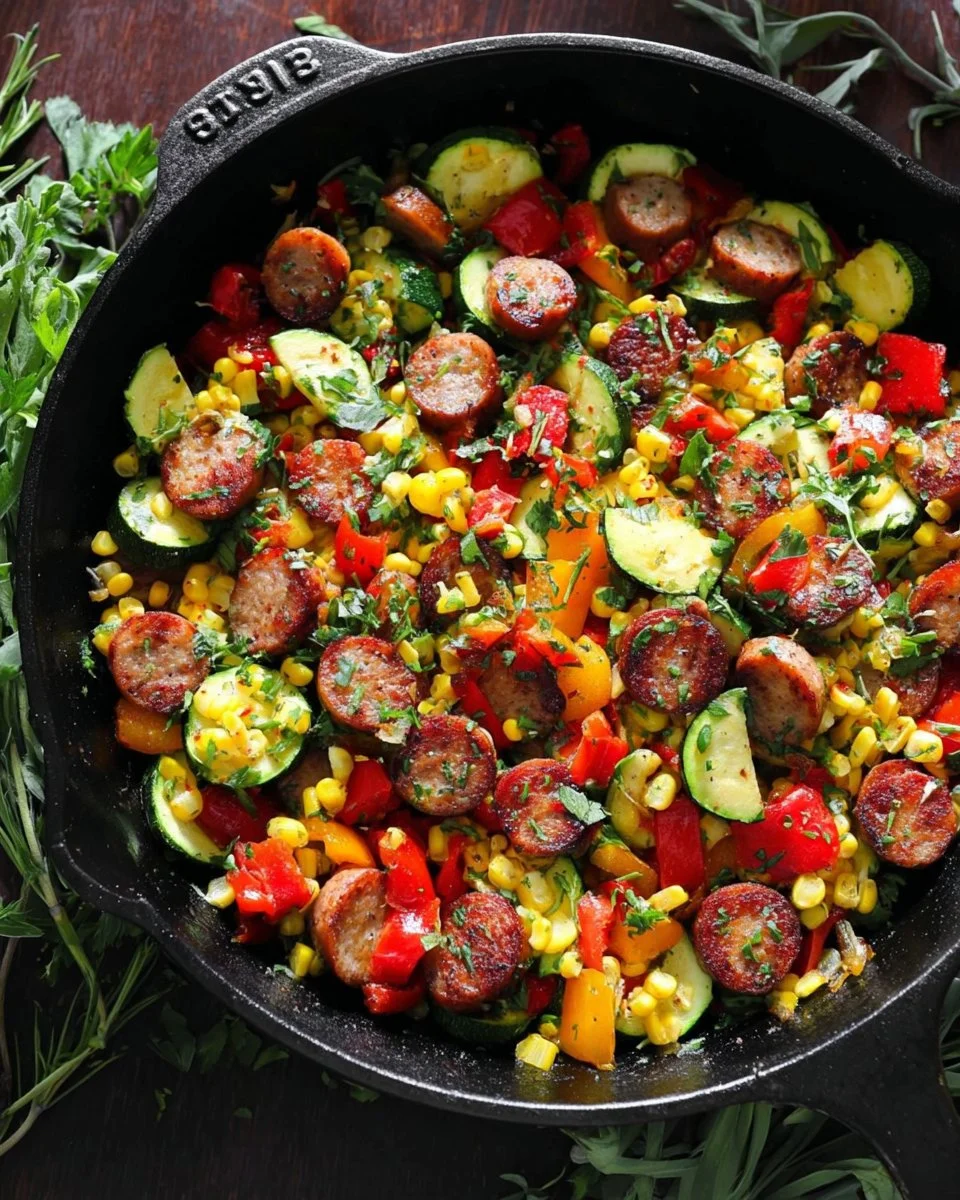 Sausage and Veggies Skillet with colorful vegetables and sausages in a pan