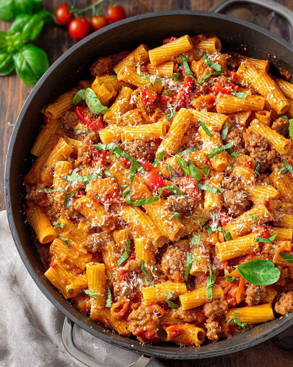 Delicious Sausage Rigatoni Pasta Skillet served with fresh herbs