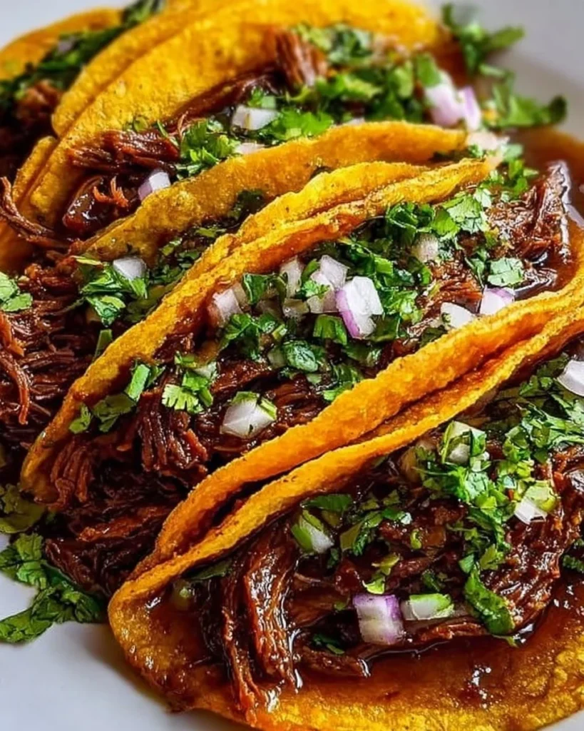 Delicious savory birria tacos served with broth and fresh toppings