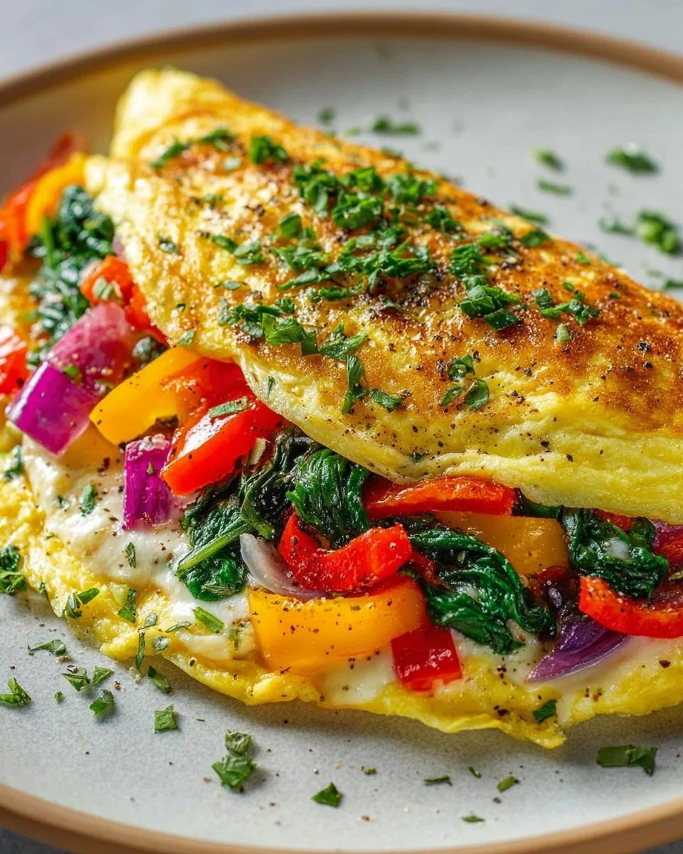 Delicious savory omelette filled with vegetables and cheese