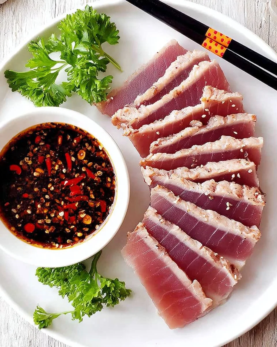 Seared tuna steak garnished with herbs and served with dipping sauce