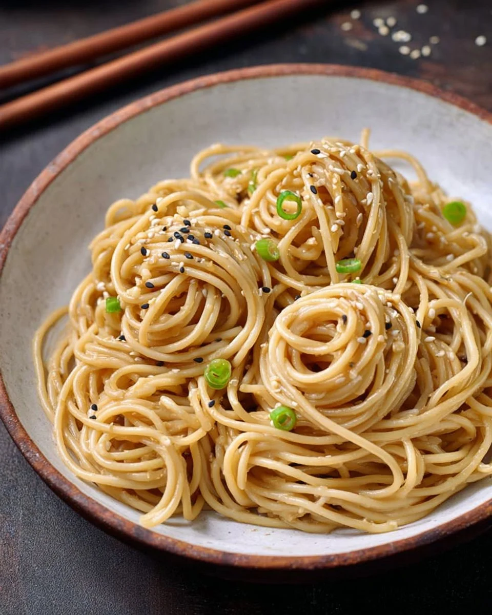 Plate of delicious sesame noodles garnished with green onions and sesame seeds.