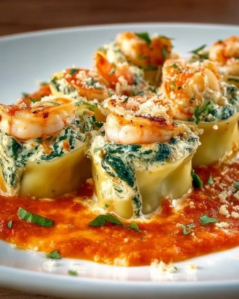 Shrimp and spinach stuffed pasta rolls on a plate, garnished with herbs.