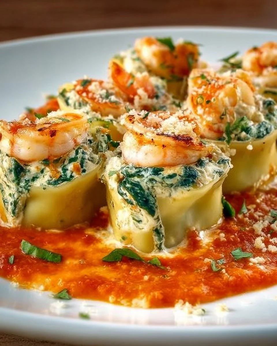 Shrimp and spinach stuffed pasta rolls on a plate, garnished with herbs.