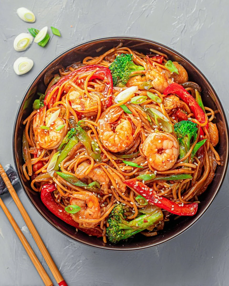 Shrimp Lo Mein dish with shrimp, vegetables, and noodles in a bowl