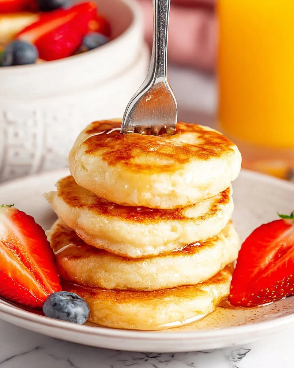Plate of fluffy silver dollar pancakes topped with syrup and berries