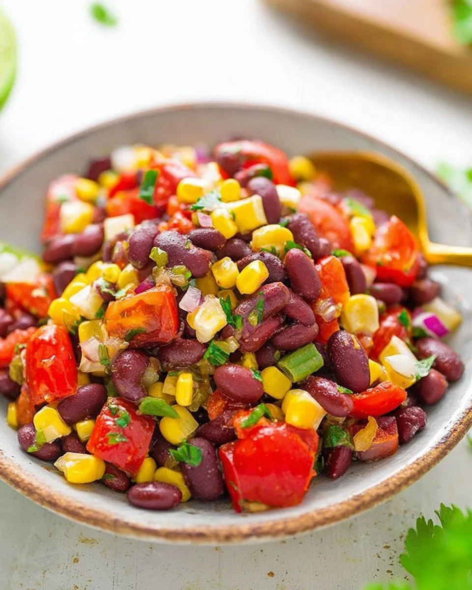 A vibrant Skinny Mexican Bean Salad with Corn, featuring fresh ingredients in a bowl