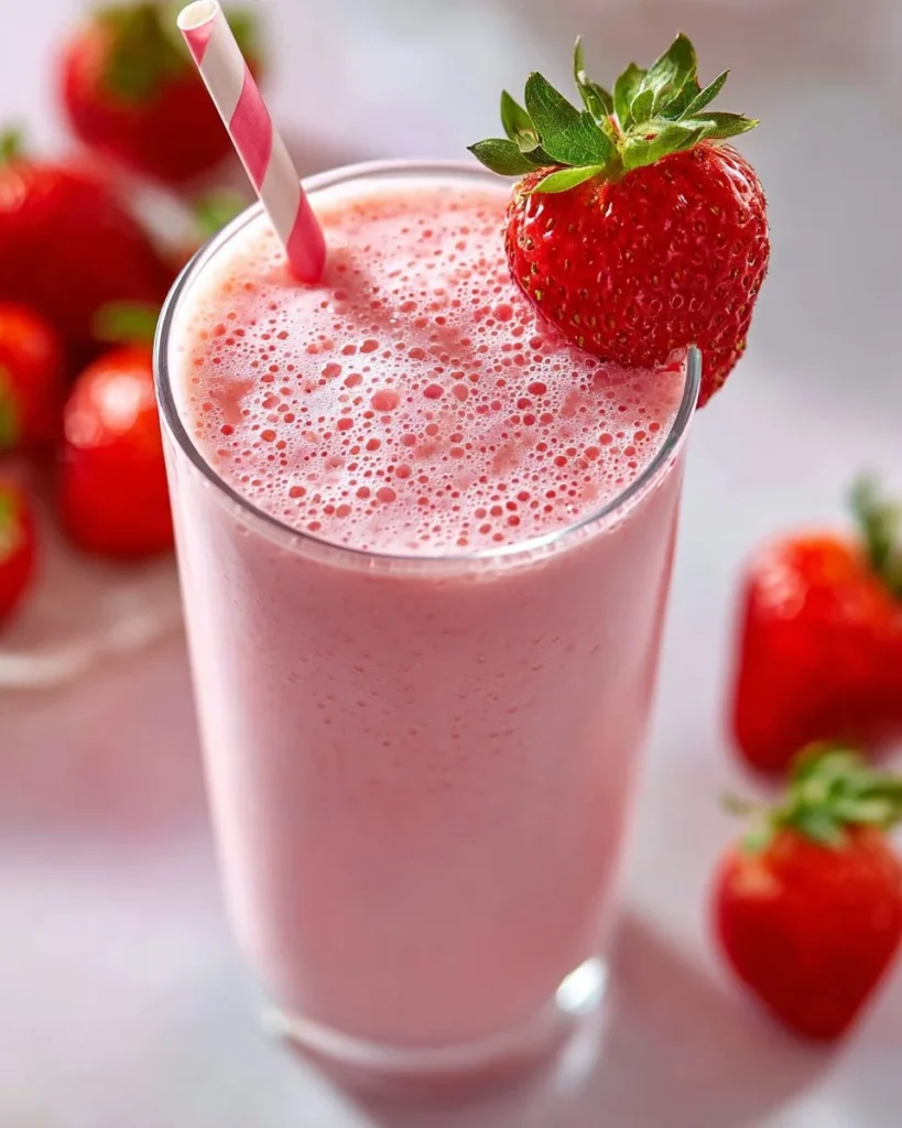 Skinny Mini Strawberry Milkshakes in a glass topped with whipped cream and fresh strawberries
