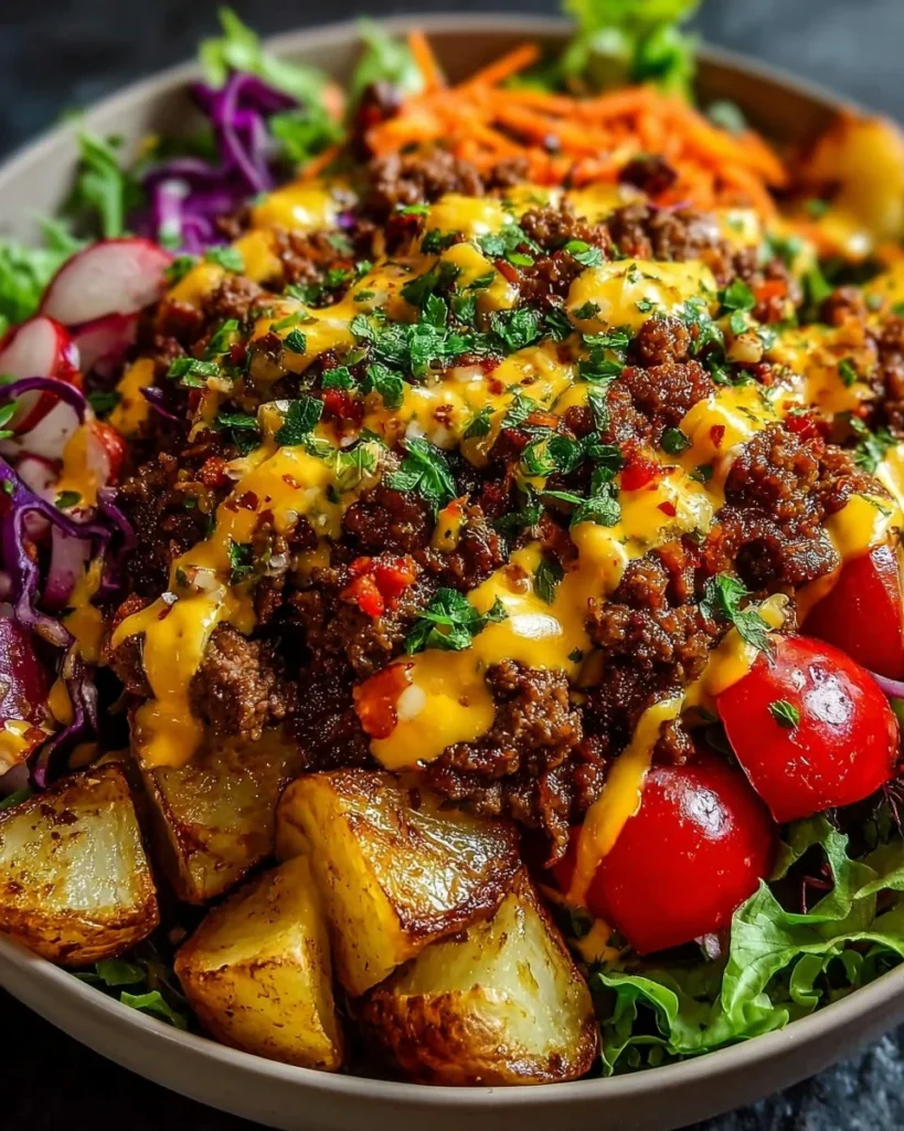 Smash Burger Bowl filled with fresh ingredients and protein-rich toppings.