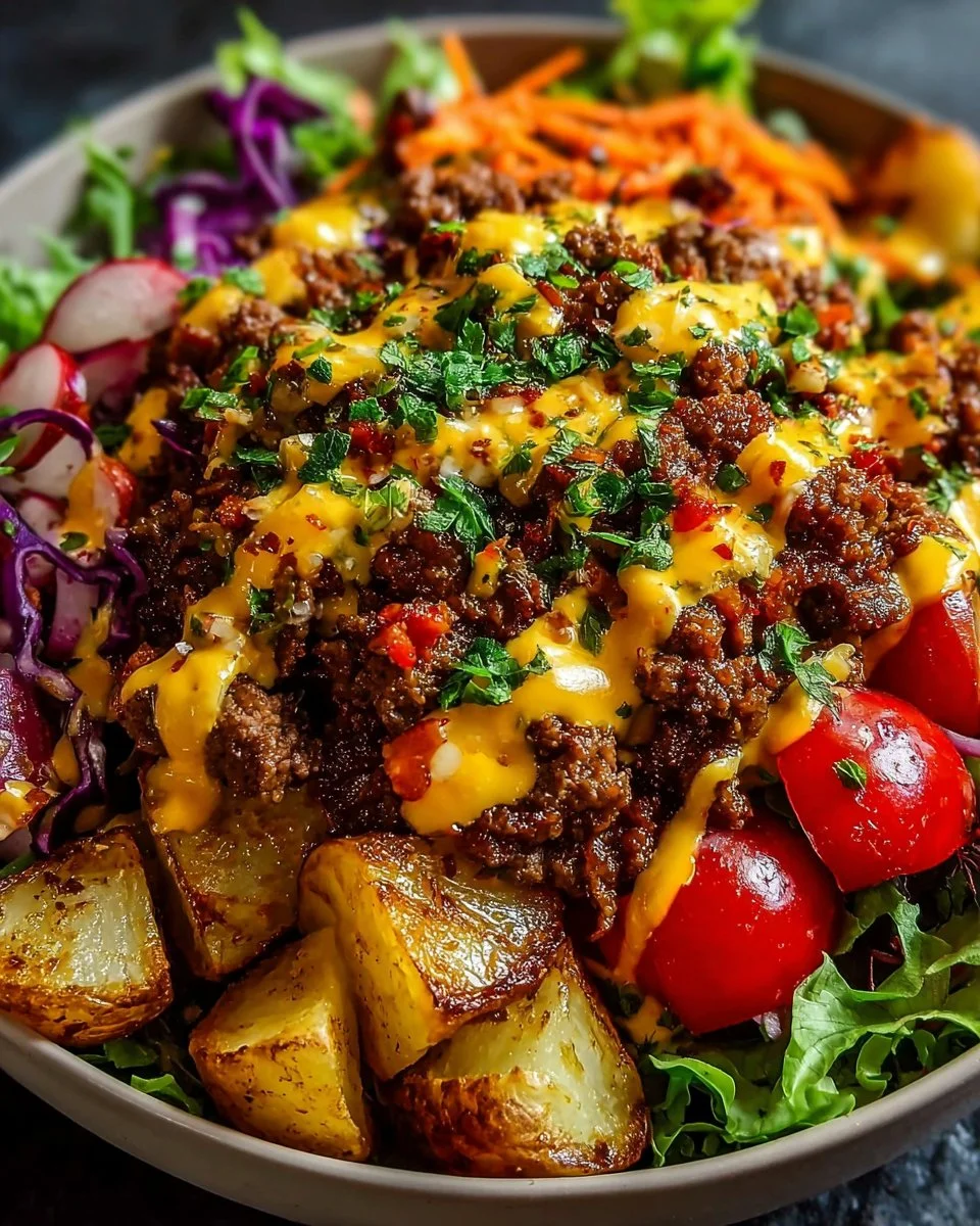 Smash Burger Bowl filled with fresh ingredients and protein-rich toppings.