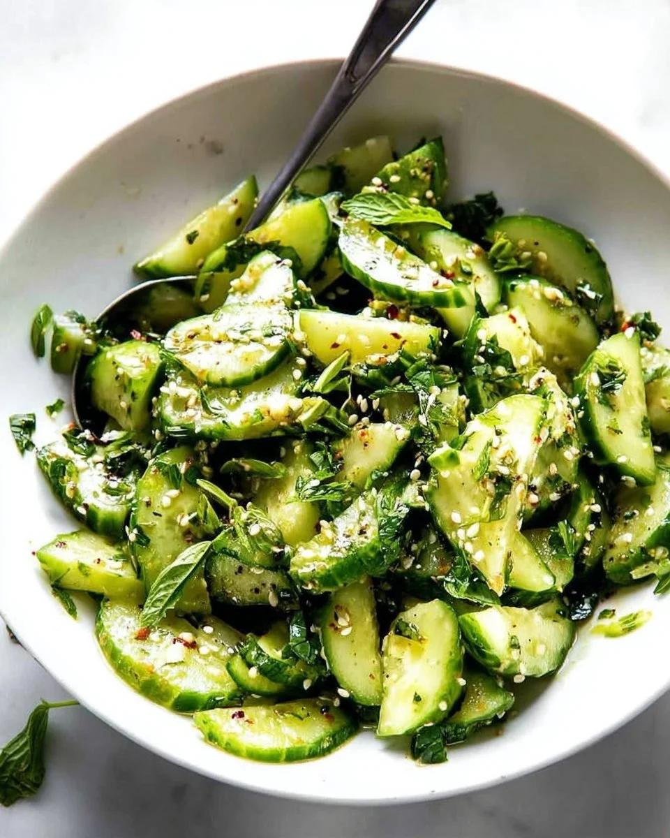Smashed cucumber salad with fresh herbs and dressing in a bowl