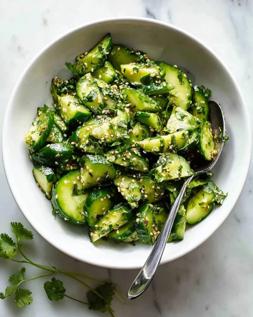 Smashed cucumber salad with vibrant vegetables and fresh herbs