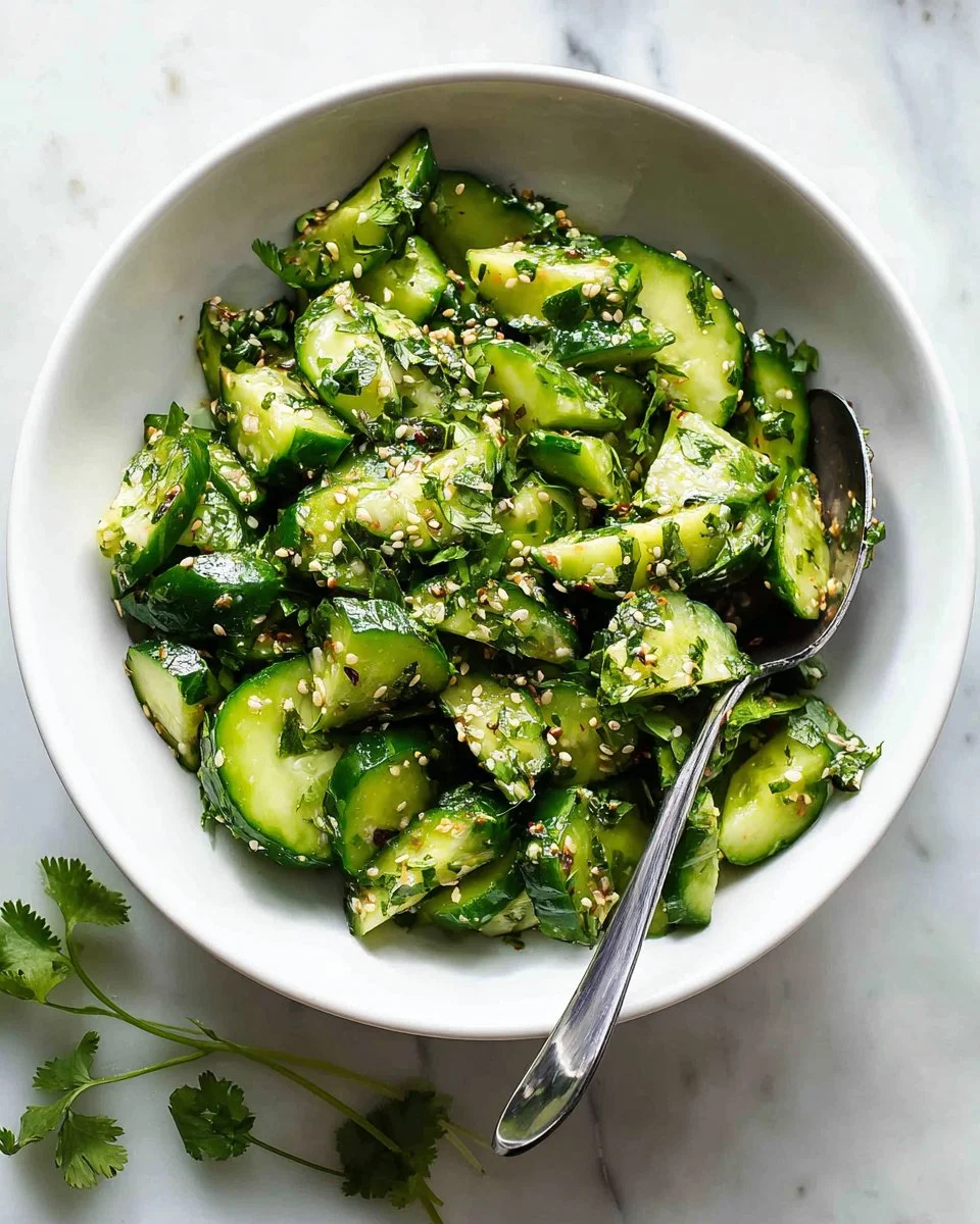 Smashed cucumber salad with vibrant vegetables and fresh herbs