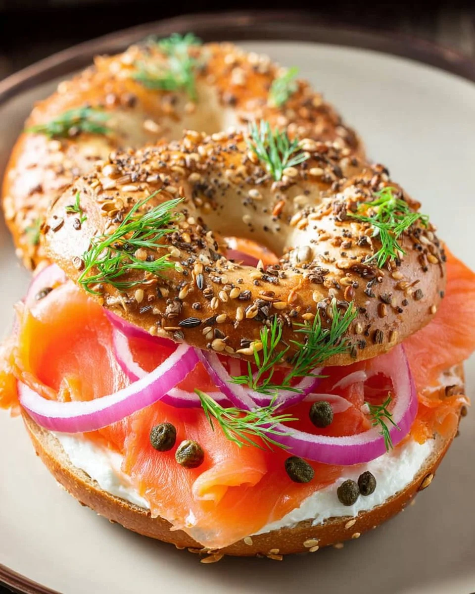 Smoked salmon bagels topped with cream cheese, capers, and fresh herbs.