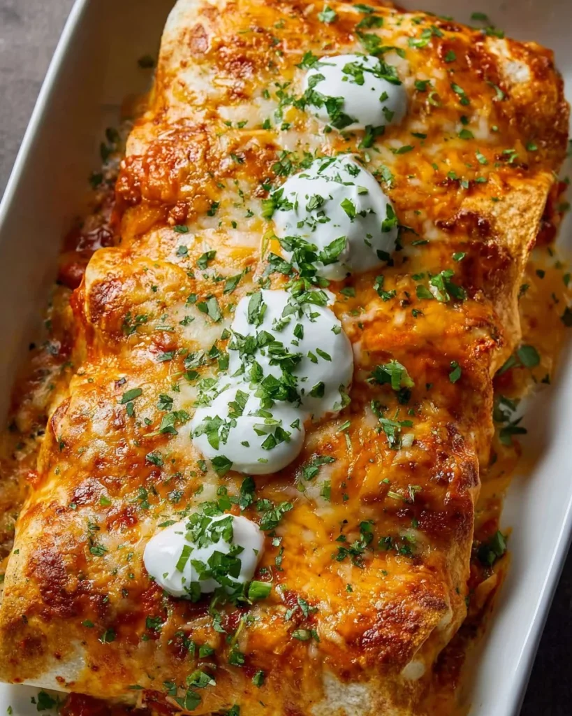 Smothered chicken burritos topped with cheese and sauce served on a plate.