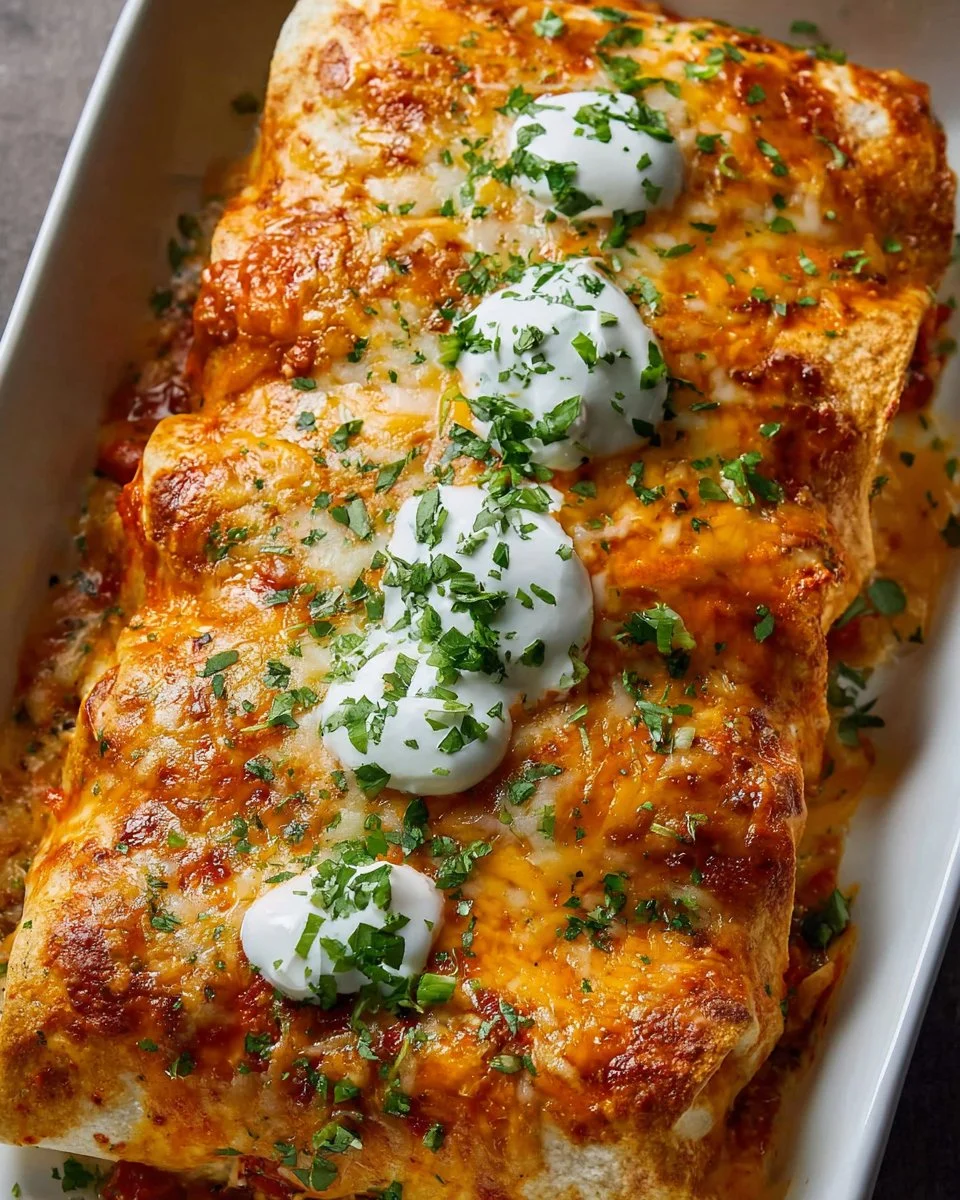 Smothered chicken burritos topped with cheese and sauce served on a plate.