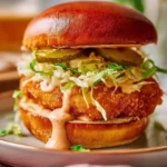 Delicious Spicy Bang Bang Shrimp Burger with crispy shrimp and zesty sauce
