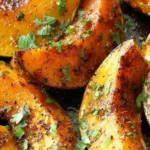 Spicy brown sugar acorn squash dish garnished with herbs