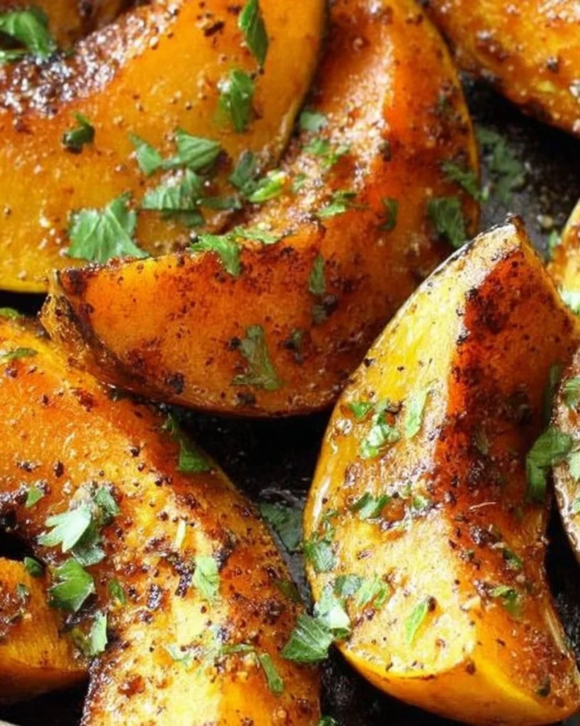 Spicy brown sugar acorn squash dish garnished with herbs