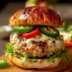 Spicy Jalapeño Pepper Jack Turkey Burger on a plate with fresh ingredients