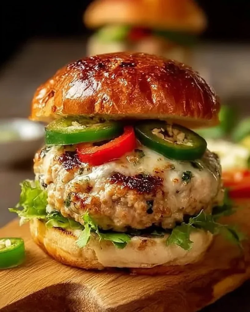 Spicy Jalapeño Pepper Jack Turkey Burger on a plate with fresh ingredients